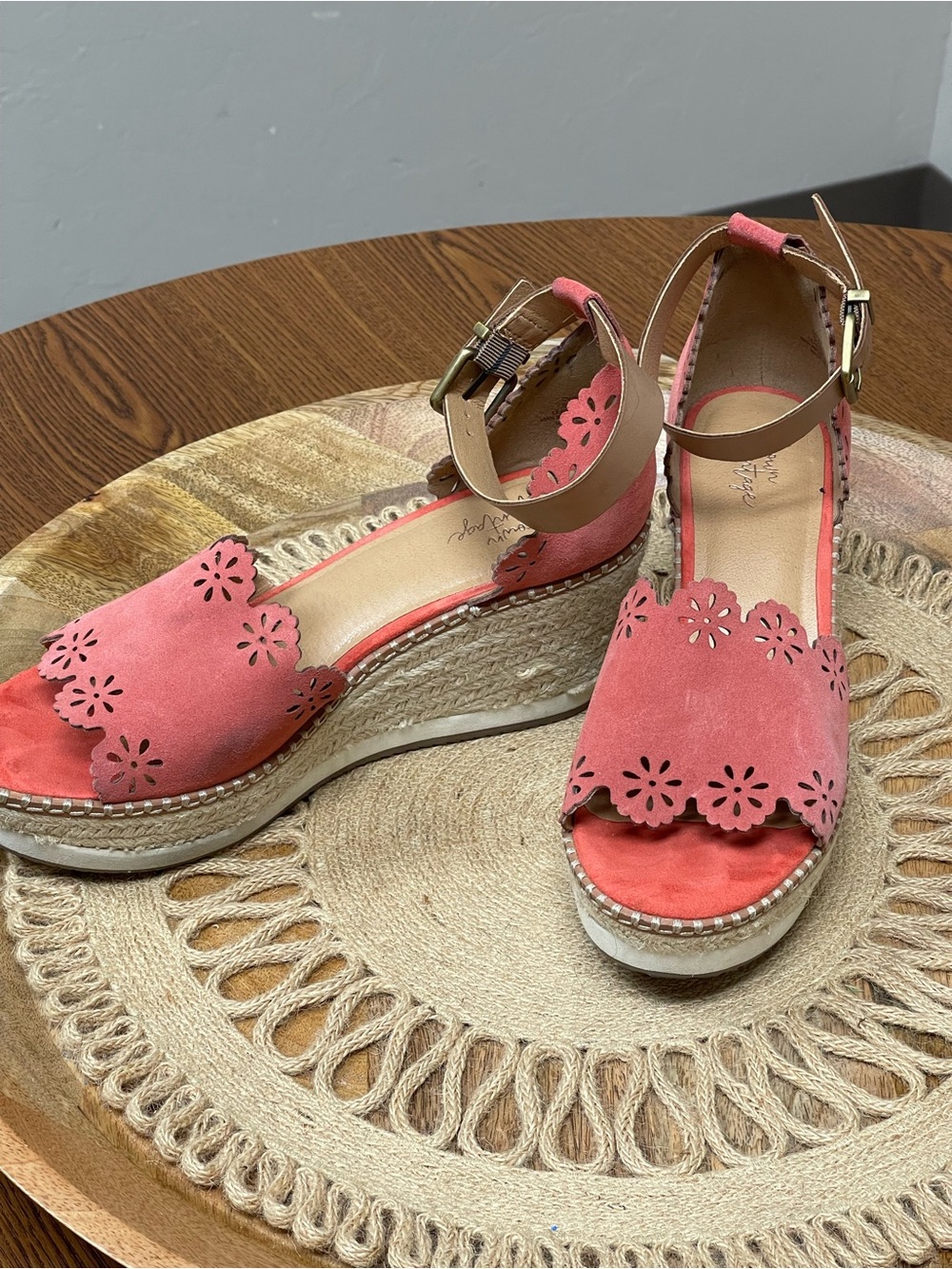 Crown Vintage Coral Pink Floral Cutout Espadrille Wedges